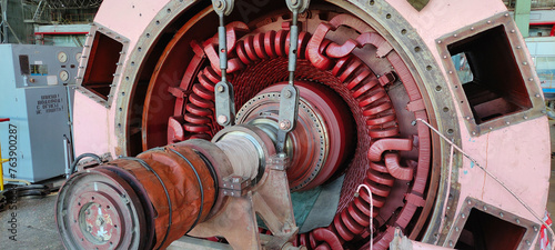 power generator of industrial steam turbine in reparation process at thermal electric power plant