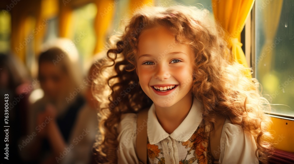 Fototapeta premium Happy schoolgirl boarding bus, back to school concept, smiling student getting on yellow school bus
