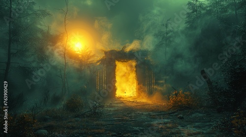 A wooden gate filled with thick smoke in the form of clouds leading to a portal to the underworld. It glows yellow around the edges. The sun rises on the left side of the forest.