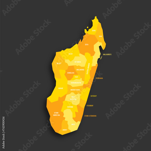 Madagascar political map of administrative divisions - regions. Yellow shade flat vector map with name labels and dropped shadow isolated on dark grey background.