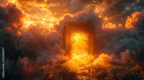 This is a three-dimensional rendering depicting a wooden gate in thick smoke, which appears to be clouds, leading to a portal to the underworld. The portal edge is glowing yellow. The sun rises on photo
