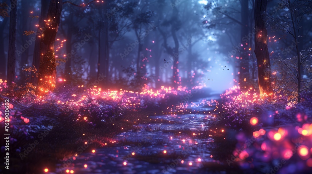 Night forest landscape with magic glow. Abstract forest, night, lights, neon. 3D illustration. 3D render.