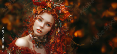 An autumn portrait of a girl wearing a wreath made of leaves, flowers, and berries