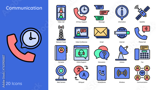 Communication Icon Set Including Video Call, Email, Internet, Phone Call and More in Line Color Style