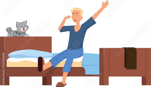 Man waking up in bedroom. Cozy home morning