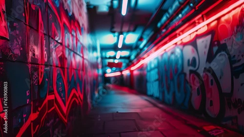 A graffiticovered tunnel lined with neon lights showcasing the talent of local street artists and their creative expressions. photo