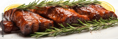 Juicy pork ribs baked with honey and spices on white background with copy space. Banner