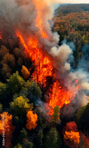 Fiery forest inferno, ideal for topics on wildfire causes, prevention, and forest ecology education.