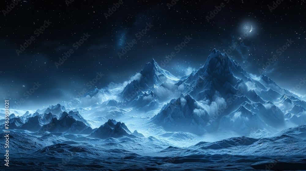 3D rendering of fantasy landscape with abstract mountains and island. Raster illustration.