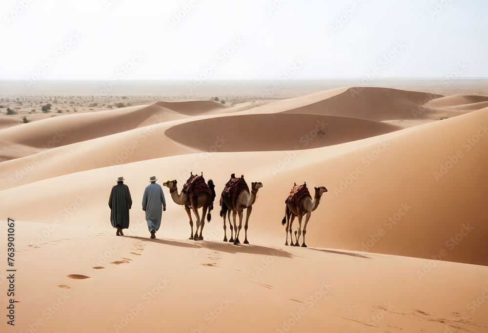 A caravan of camels led by a person in desert A caravan of camels led by a person in desert