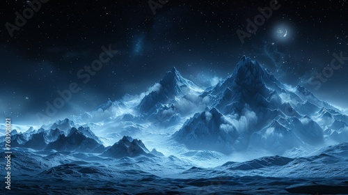 3D rendering of fantasy landscape with abstract mountains and island. Raster illustration.