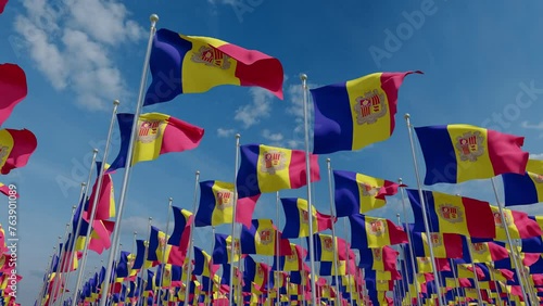 Andorra, flags is fluttering in the wind. 3D Rendering. Andorra waving flags. Andorra national flags cloth fabric waving on the sky with beautiful sun light.
Andorra is a sealess sovereign microstate  photo