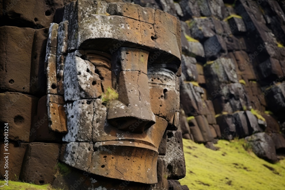 The intricate carvings on the Moai statues of Ahu Tongariki, Easter Island.