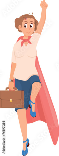 Office superhero character. Powerful woman in red cape