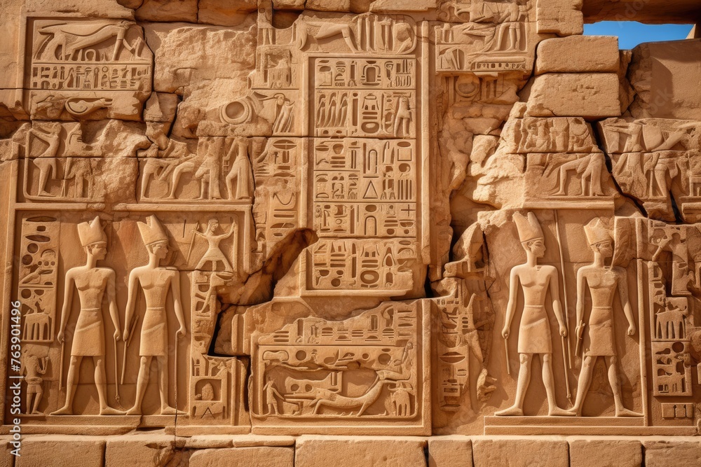 The detailed reliefs on the Temple of Karnak in Luxor, Egypt.