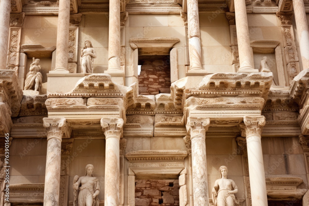 A close-up of the ancient Library of Celsus in Ephesus, Turkey.