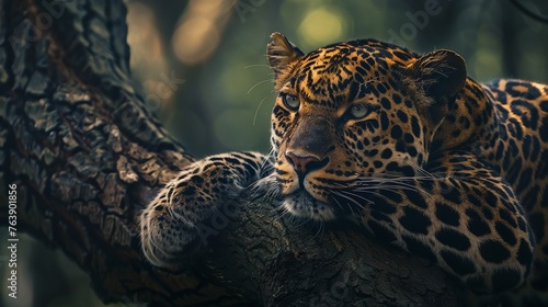 the serene face of a wild leopard resting on a tree branch in the forest a moment of calm in the wild photo