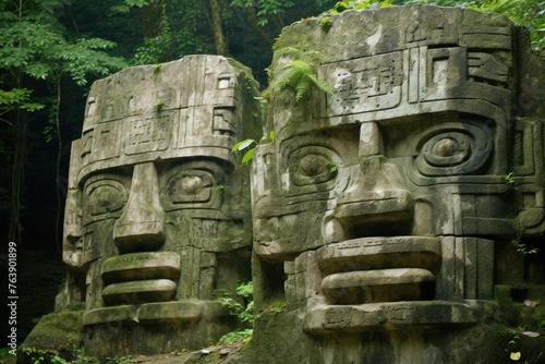 The carvings on the faces of the giant Olmec heads in La Venta, Mexico. photo