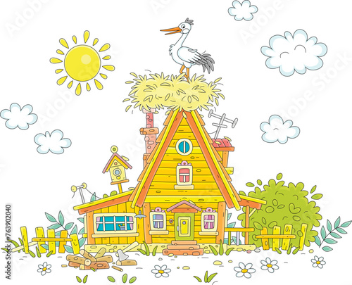 White stork in a big haulm nest on a roof of a small wooden village house in countryside on a sunny summer day, vector cartoon illustration on a white background