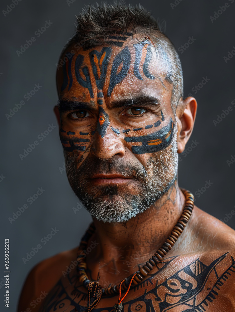 Close-up of a man's face with blue and orange tribal paint and cultural tattoos