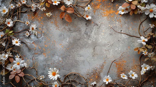 Gray and orange concrete grainy wall surface background. Intricate creative floral frame with daisy's. Vignette fantasy daisy frame. Twigs, branches, leaves, ivy, vines intertwined with lush flowers