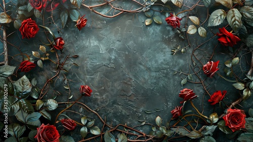 Fototapeta Naklejka Na Ścianę i Meble -  Fantasy mystery gray grunge background slate wall. Intricate creative floral frame with red roses. Vignette fantasy rose frame. Twigs, branches, leaves, ivy, vines intertwined with lush flowers