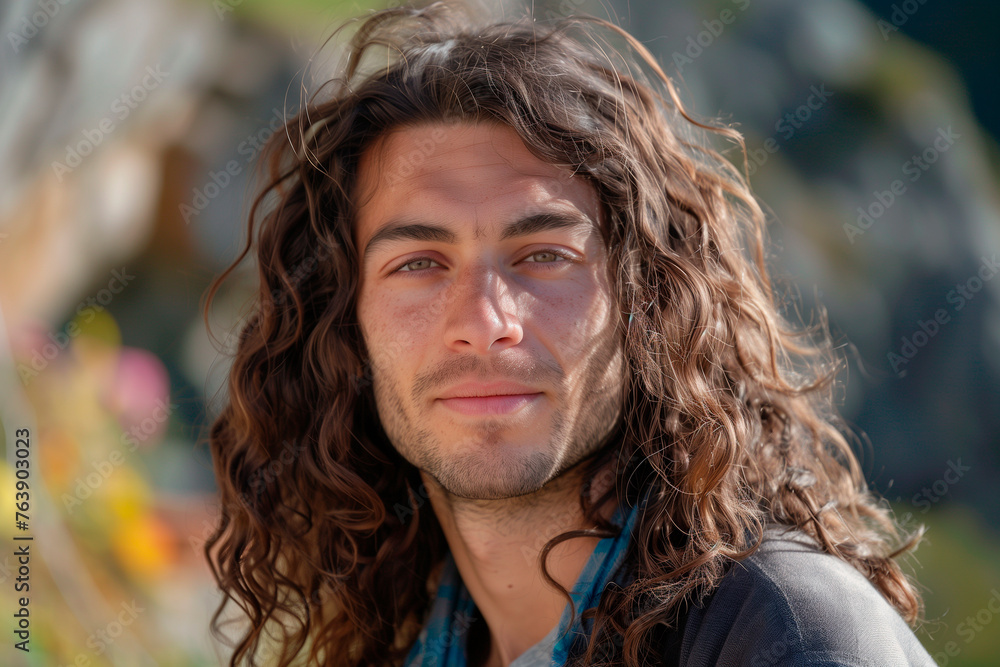 A portrait of a 30-year-old man with long brown curly hair, curious face