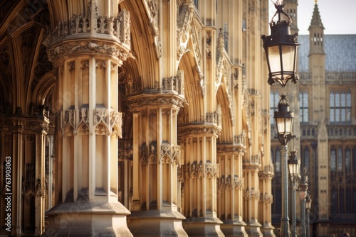 The ornate designs on the Palace of Westminster, London.