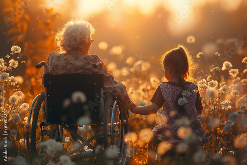 granny on wheelchair with child in the park with flowers photo