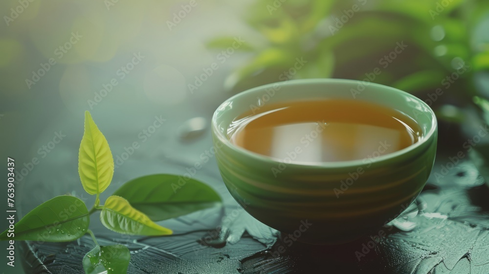 Background of green tea leaves and a cup of tea	
