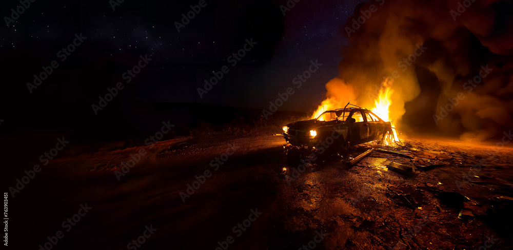 Abandonded car wreck on fire at night, with copy space.