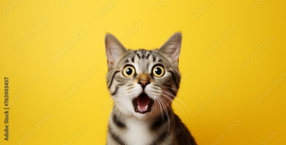 A very surprised cat with wide open eyes and mouth on a yellow background A very surprised cat with wide open eyes and mouth on a yellow background