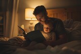 Father and son bonding over a book in a warm, cozy bedtime setting