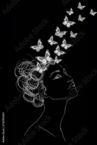 linear image of a woman with butterflies on a black background