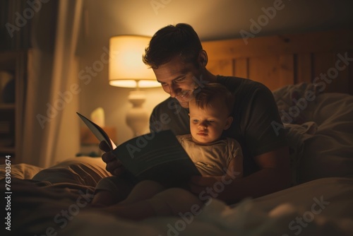 Father and son bonding over a book in a warm, cozy bedtime setting