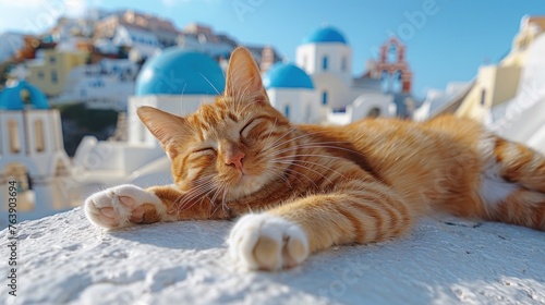a curious orange cat surveying the breathtaking scenery of Santorini from a rooftop vantage point, with panoramic views of the caldera cliffs, sparkling sea, and traditional Cycladic architecture © lublubachka