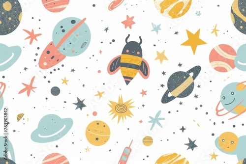 Abstract pastel planet space rocket bug seamless white background. Wrapping paper for presents, isolated png. Baby linen, clothes and products for children