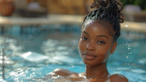 a black woman lounging by the poolside at an upscale outdoor spa  with plush towels  comfortable seating  and refreshing drinks adding to the luxurious experience of the setting