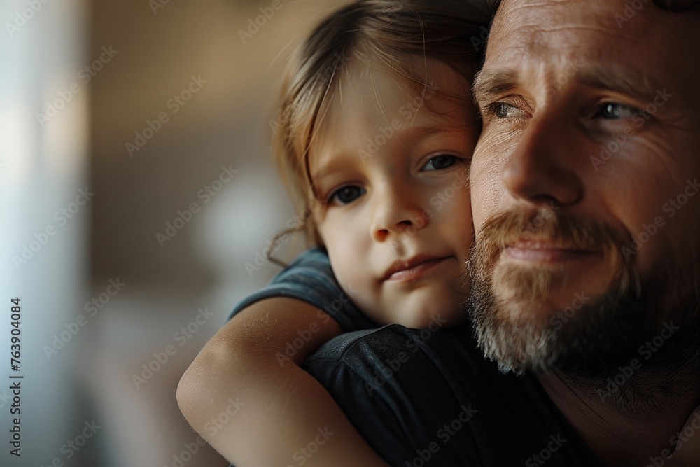 Tender embrace as father holds child close, sharing a quiet moment together Tender embrace as father holds child close, sharing a quiet moment together
