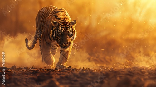 great tiger male walking in the nature habitat during golden light time