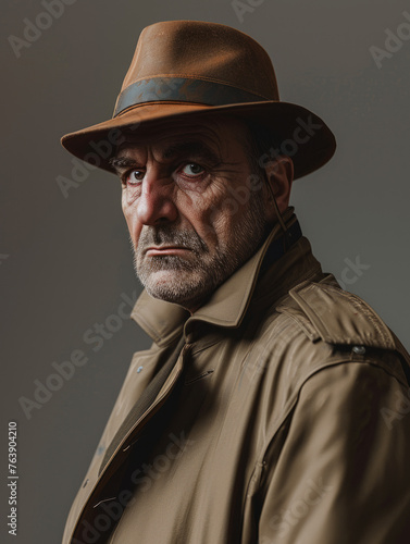 A serious mature man with an intense gaze wearing a brown hat and coat