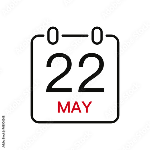 May 22 date on the calendar, vector line stroke icon for user interface. Calendar with date, vector illustration.