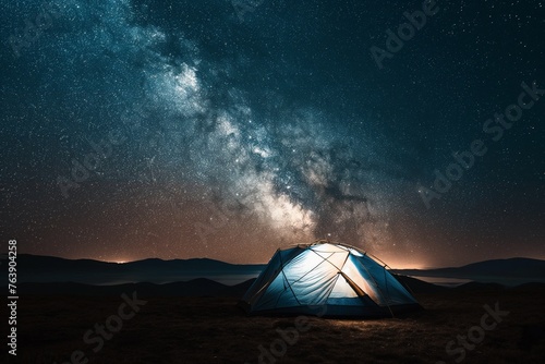 milky way across the entire sky, a small illuminated tent on the ground, night sky full of stars photo