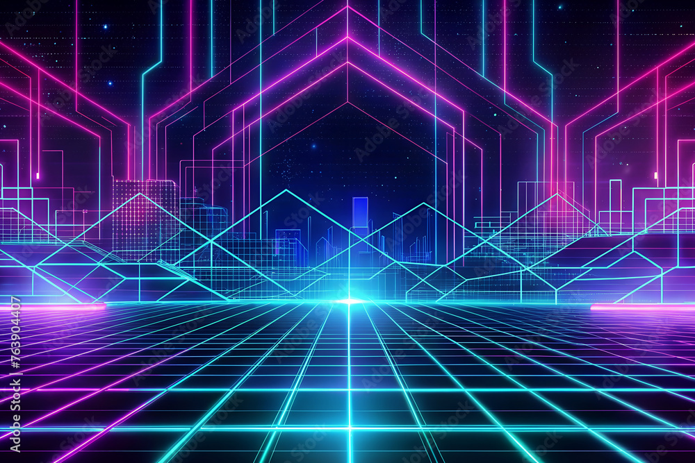 Futuristic background with a neon grid and a dark background. Futuristic background