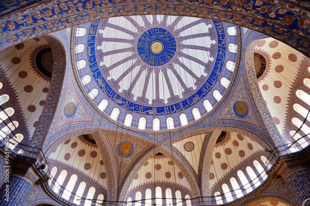 The intricate patterns on the ceiling of the Blue Mosque in Istanbul, Turkey.
