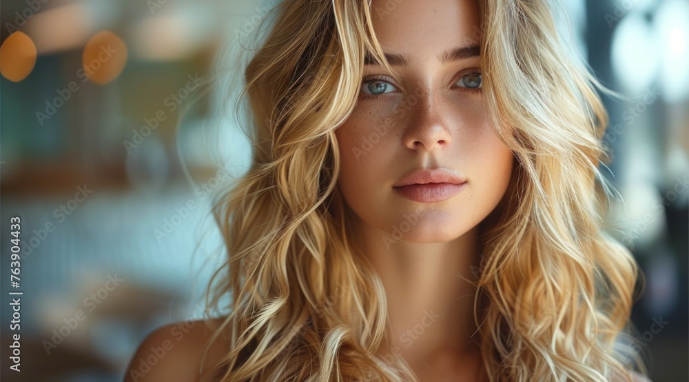 A blonde woman with wavy hair is sitting in the salon chair and getting her long blond hair styled A blonde woman with wavy hair is sitting in the salon chair and getting her long blond hair styled