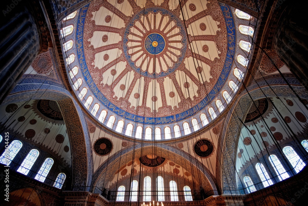The intricate patterns on the ceiling of the Blue Mosque in Istanbul, Turkey.