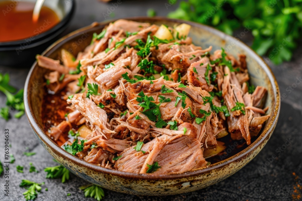 Pulled pork with apple chipotle sauce, pork neck, softened butter