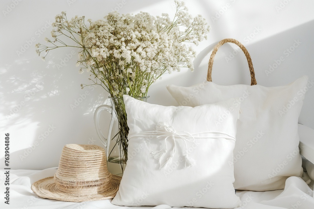 White cotton and linen pillows Mockup with Boho Floral Accents White cotton and linen pillows Mockup with Boho Floral Accents