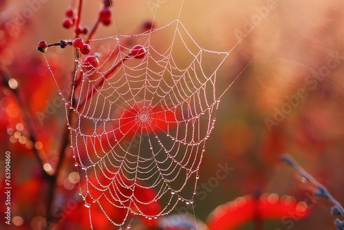 Spider web with early morning dew, thin web in the sun, red droplets shine